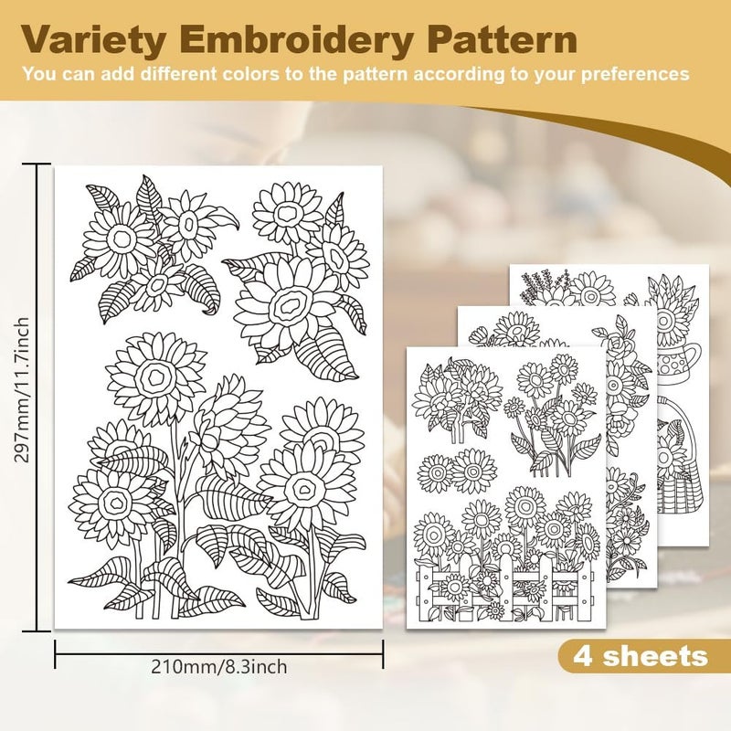 DOODLREAM 18Pcs Sunflowers Bouquets Embroidery Pattern Stabilizers, 8.3"x11.7" Sunflower Water Soluble Stick and Stitch Embroidery Stickers, 4 Sheets Floral Hand Sewing DIY Embroidery Paper - Image 2